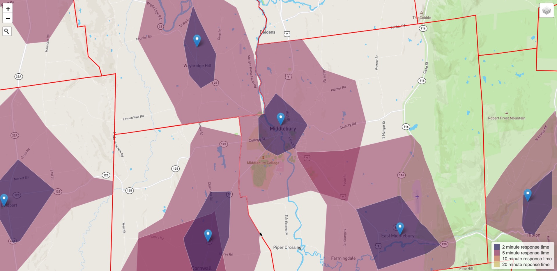 Map of response times from fire stations, bounded by service zones