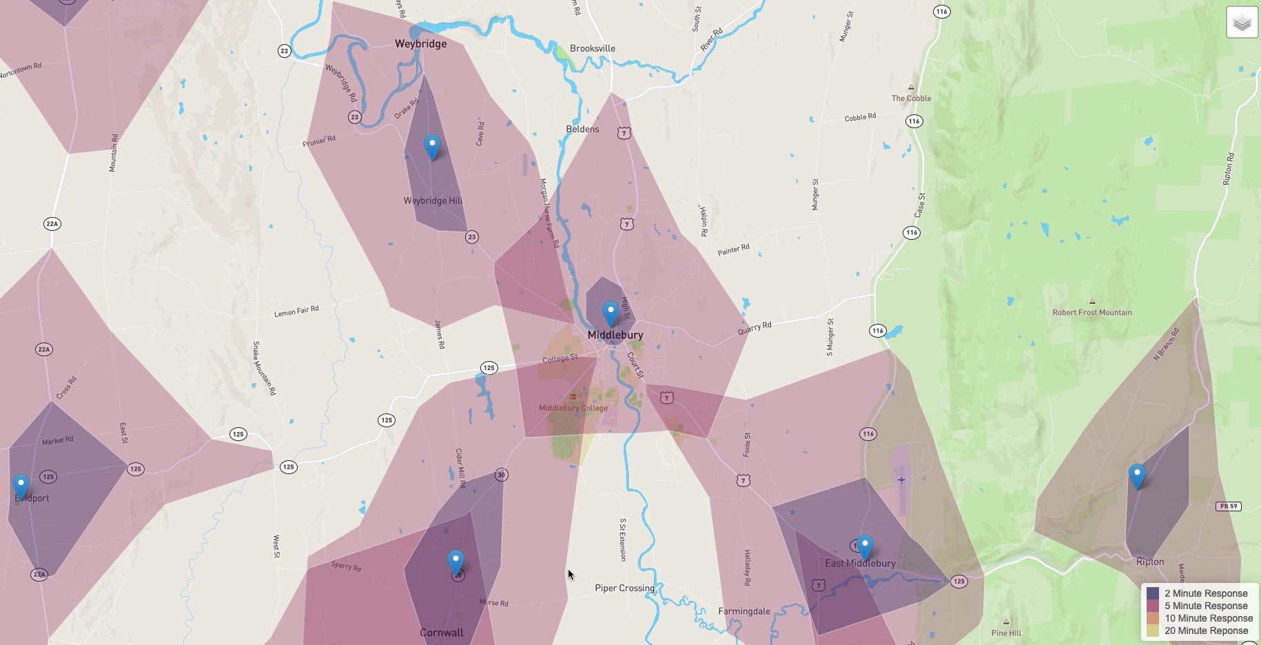 Map of response times from fire stations, unbounded